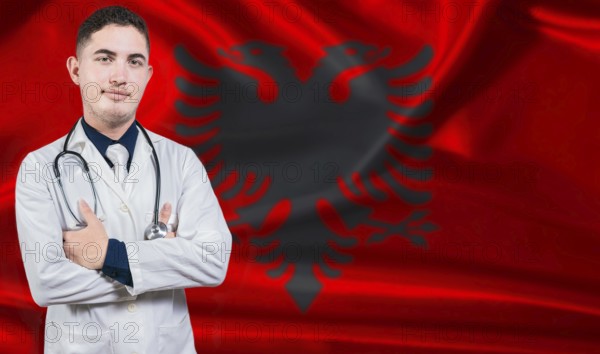 Portrait of medical professional on Albania flag background. Albanian national health system