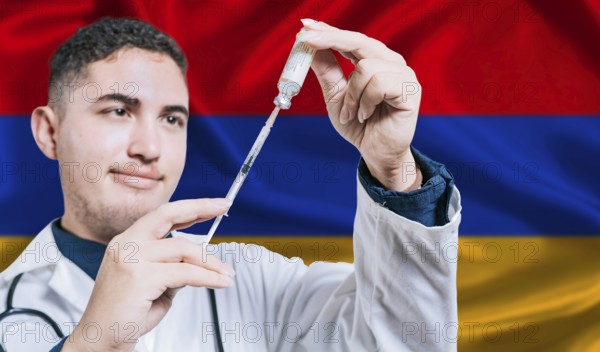 Doctor holding syringe on Armenia flag background. Medical professional holding syringe with Armenian flag in the background