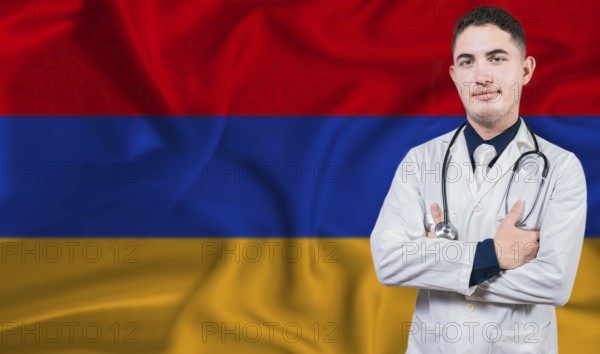 Portrait of medical professional on Armenia flag background. Armenian national health system