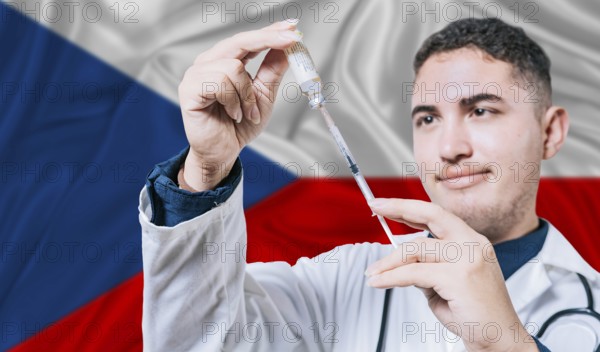 Doctor holding syringe on Czech Republic flag background. Medical professional holding syringe with Czech Republic flag in the background