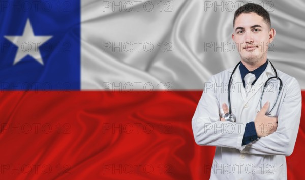 Portrait of medical professional on Chile flag background. Chilean national health system