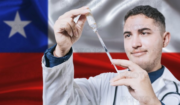 Doctor holding syringe on Chile flag background. Medical professional holding syringe with Chilean flag in the background