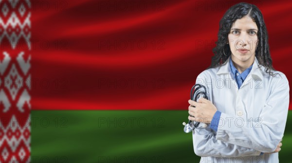 Belarusian national health system, Medical professional on Belarus flag background