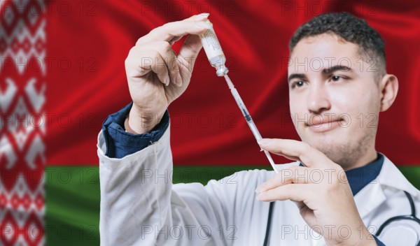 Doctor holding syringe on Belarus flag background. Medical professional holding syringe with Belarusian flag in the background