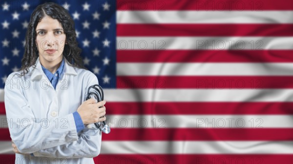 American national health system, Medical professional on United States flag background