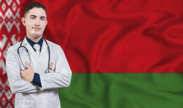 Portrait of medical professional on Belarus flag background. Belarusian national health system