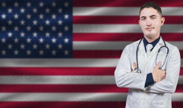 Portrait of medical professional on United States flag background. American national health system
