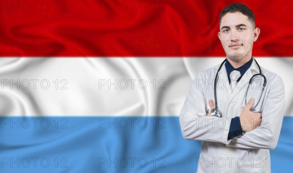 Portrait of medical professional on Luxembourg flag background. Luxembourgish national health system
