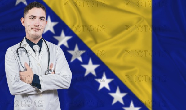 Portrait of medical professional on Bosnia and Herzegovina flag background. Bosnian national health system