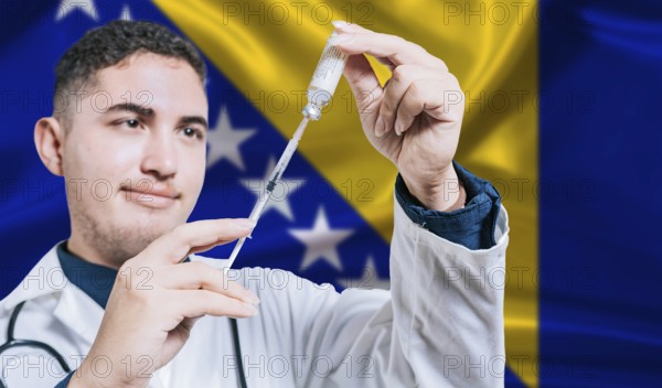 Doctor holding syringe on Bosnia and Herzegovina flag background. Medical professional holding syringe with Bosnian flag in the background