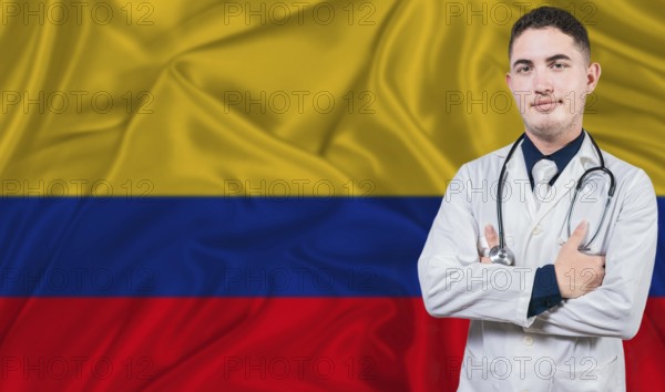 Portrait of medical professional on Colombia flag background. Colombian national health system