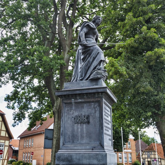 Restored Germania monument, Germania statue with sword, base with inscription, symbol, German unity, sculptor Gustav Eberle, Neuhaus, Neuhaus district, Lower Saxony Elbe floodplain biosphere reserve, Lower Saxony, Germany