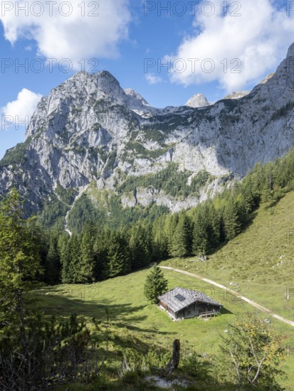 The Halsalm in front of the Halsgrube where bearded vultures are released into the wild, above the peaks of horse-rider Alm, Berchtesgaden National Park, Bavaria, Germany