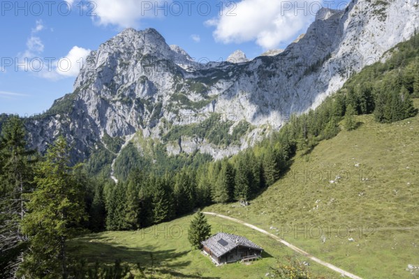 The Halsalm in front of the Halsgrube where bearded vultures are released into the wild, above the peaks of horse-rider Alm, Berchtesgaden National Park, Bavaria, Germany