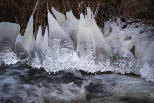 Teeth-like ice sculptures on the banks of a fast-flowing stream, winter, near Heinola, Finland