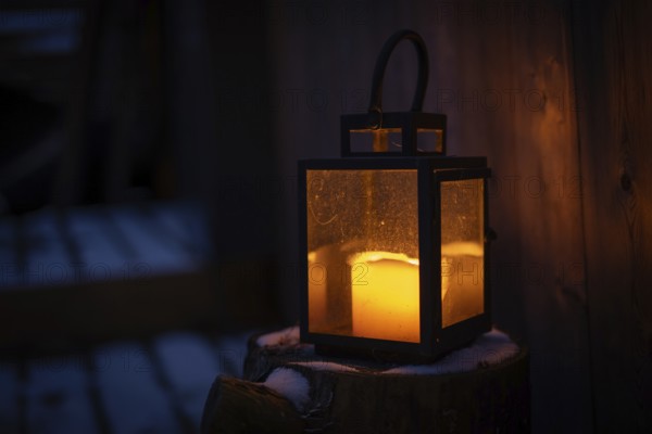 Lantern with burning candle stands on a snowy log and gives off warm light, winter, Finland