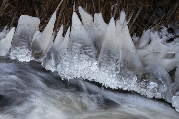 Teeth-like ice sculptures on the banks of a fast-flowing stream, winter, near Heinola, Finland