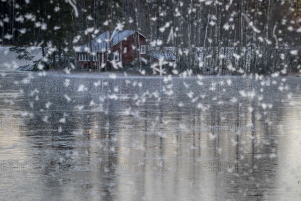 Small ice flowers on a window with lake and house on an island in the background, Finland