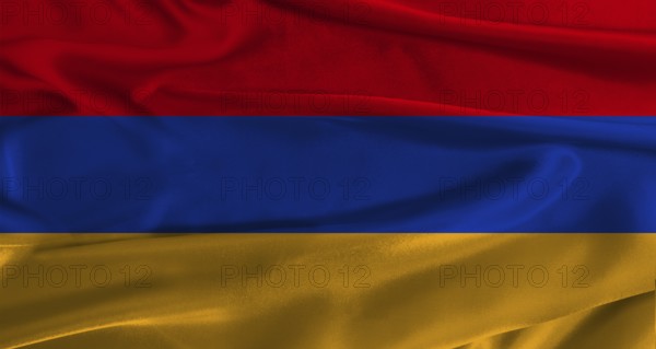 Flag of Armenia with fabric textured background. Close up of National flag of Armenia with realistic texture