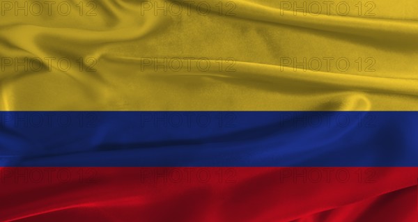 Flag of Colombia with fabric textured background. Close up of National flag of Colombia with realistic texture