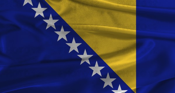 Flag of Bosnia and Herzegovina with fabric textured background. Close up of National flag of Bosnia and Herzegovina with realistic texture
