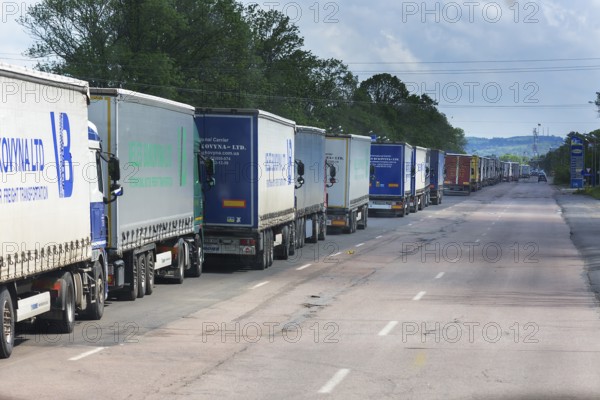 Truck traffic jam on the Ukrainian-Romanian border in Siret, Ukraine