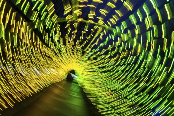 Light, tunnel, in motion, light tunnel, changes light color, light installation at park lights in Gruga Park in Essen