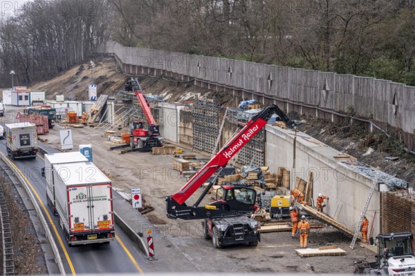 Construction work on a concrete retaining wall at the Duisburg-Kaiserberg motorway junction, on the A3, North Rhine-Westphalia, Germany