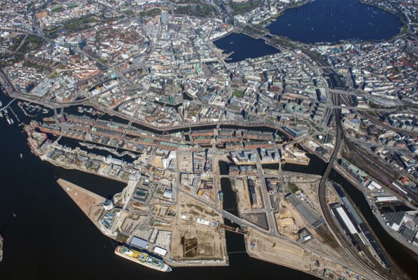 Hafencity, Speicherstadt, city center, Alster, architecture, Stättebau, historic 2010, aerial view, Hamburg, Germany