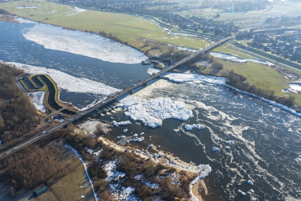 Geesthacht, Elbe bridge with dam, Elbe bridge, dam, barrage, water regulation, weir, Elbe, federal road, B, 404, water, bridge, aerial view, Hamburg, Schleswig-Holstein, Germany, power generation, wave, ice floe, iceberg, attraction, Lower Saxony