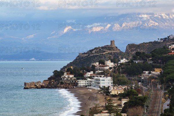Panoramic view, coastline near Altavilla Milicia, rugged coast with sandy and pebble beaches, Madonie Mountains, Tyrrhenian Sea, Altavilla Milicia, Palermo, Sicily, Italy