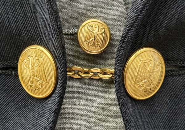 Custom tailcoat for woman since 1989, grey tailcoat with vest and golden buttons with federal eagle for hall service in the Bundestag, Germany, detail