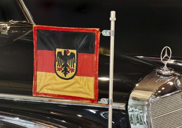 Flag of the Federal Republic of Germany on Adenauer's company car, the Mercedes 300, House of History, Bonn, North Rhine-Westphalia, Germany