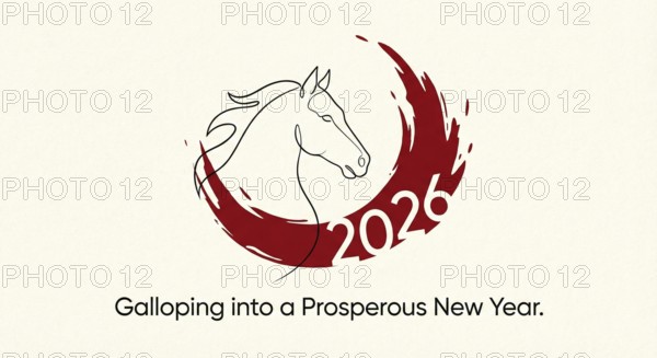 A minimal illustration of a fiery red horse racing through a traditional Chinese landscape, symbolising strength, energy, and good fortune for the Year of the Horse 2026 during the Lunar New Year celebration, AI generated