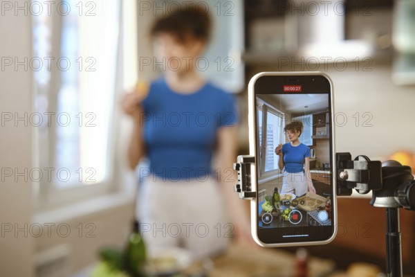 Food blogger is preparing smashed broccoli with cheese in a kitchen. She holds a piece of broccoli while recording the cooking process on a phone. Ingredients and utensils are on the counter