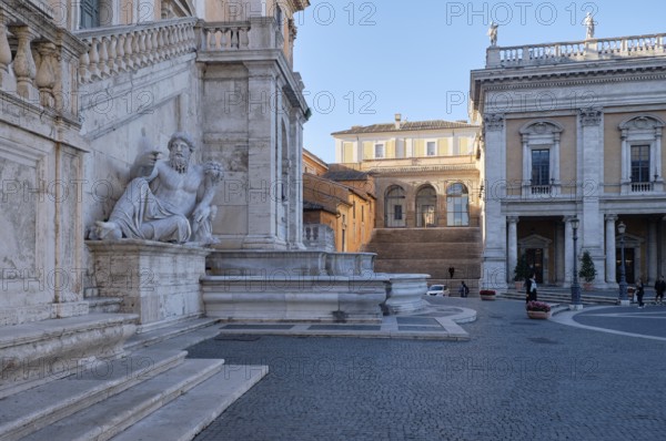 Fountain of the Goddess of Rome in front of the Senatorial Palace (Palazzo Senatorio), Piazza del Campidoglio on the Capitoline Hill, Capitoline Square, Rome, Lazio, Italy