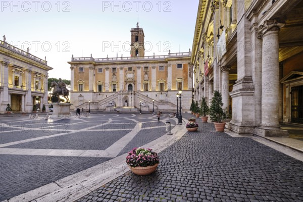 Palazzo Nuovo, Senators' Palace (Palazzo Senatorio), Conservators' Palace (Palazzo dei Conservatori) in front of sunrise, Piazza del Campidoglio on the Capitoline Hill, Capitoline Square, Rome, Lazio, Italy