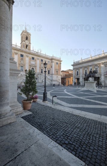 Equestrian statue of Marcus Aurelius, Senators' Palace (Palazzo Senatorio), Conservators' Palace (Palazzo dei Conservatori) in the morning light, Piazza del Campidoglio on the Capitoline Hill, Capitoline Square, Rome, Lazio, Italy