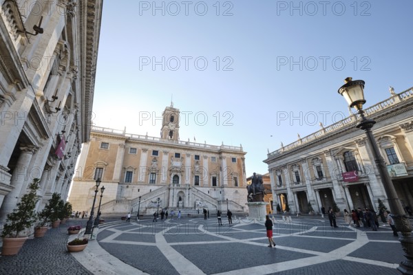 Palazzo Nuovo, Palazzo Senatorio (Senatorial Palace), Palace of the Conservators (Palazzo dei Conservatori) in the morning light on the Capitoline Hill, Capitoline Square, Rome, Lazio, Italy