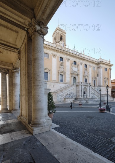 Columns of the Palazzo Nuovo in the morning light, behind the Senators' Palace (Palazzo Senatorio), Piazza del Campidoglio on the Capitoline Hill, Capitoline Square, Rome, Lazio, Italy