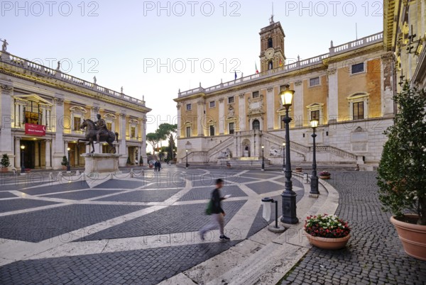 Palazzo Nuovo, Senatorial Palace (Palazzo Senatorio) in front of sunrise, Piazza del Campidoglio on the Capitoline Hill, Capitoline Square, Rome, Lazio, Italy