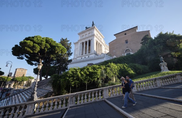 Staircase with staircase to Capitol Square, in the back the national monument Victor Emmanuel II and church of Santa Maria in Aracoeli, Capitoline Hill, Rome, Lazio, Italy