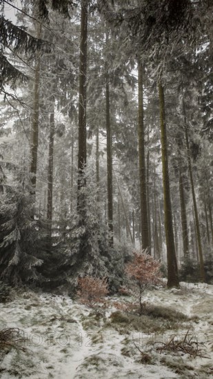 Snowy trees create a peaceful and quiet winter landscape in the forest, Rennsteig, Thuringian Forest
