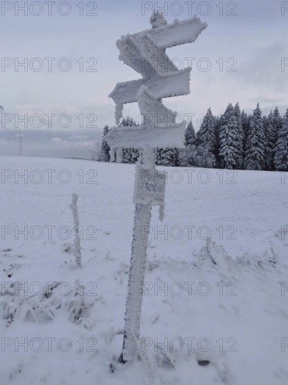 Snowy signpost in a winter landscape with forest in the background, Rennsteig, Frankenwald