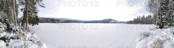 Panoramic view of frozen snowy lake, Rennsteig, Thuringian Forest