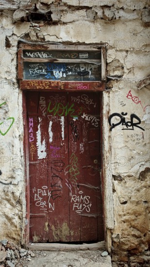 Old red door with graffiti in a weathered building, abandoned atmosphere, Ohrid, North Macedonia