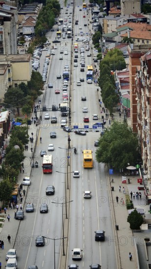 Aerial view of a busy city street with lots of cars and passers-by, Prizren, Kosovo