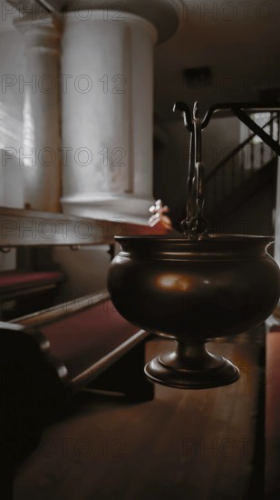 An incense barrel hangs in a quietly lit row of church benches, Frankenwald