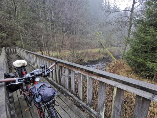 Bicycle on a wooden bridge in an autumn forest, along a stream