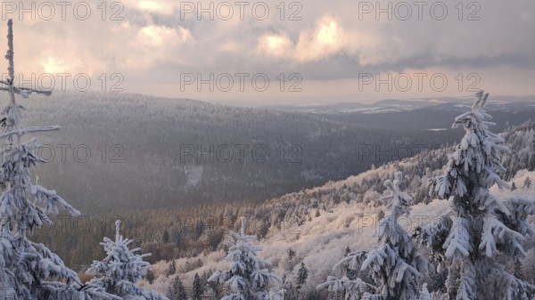 Winter landscape with snow-covered trees and view of distant mountains in light, Fichtelgebirge, Bavaria